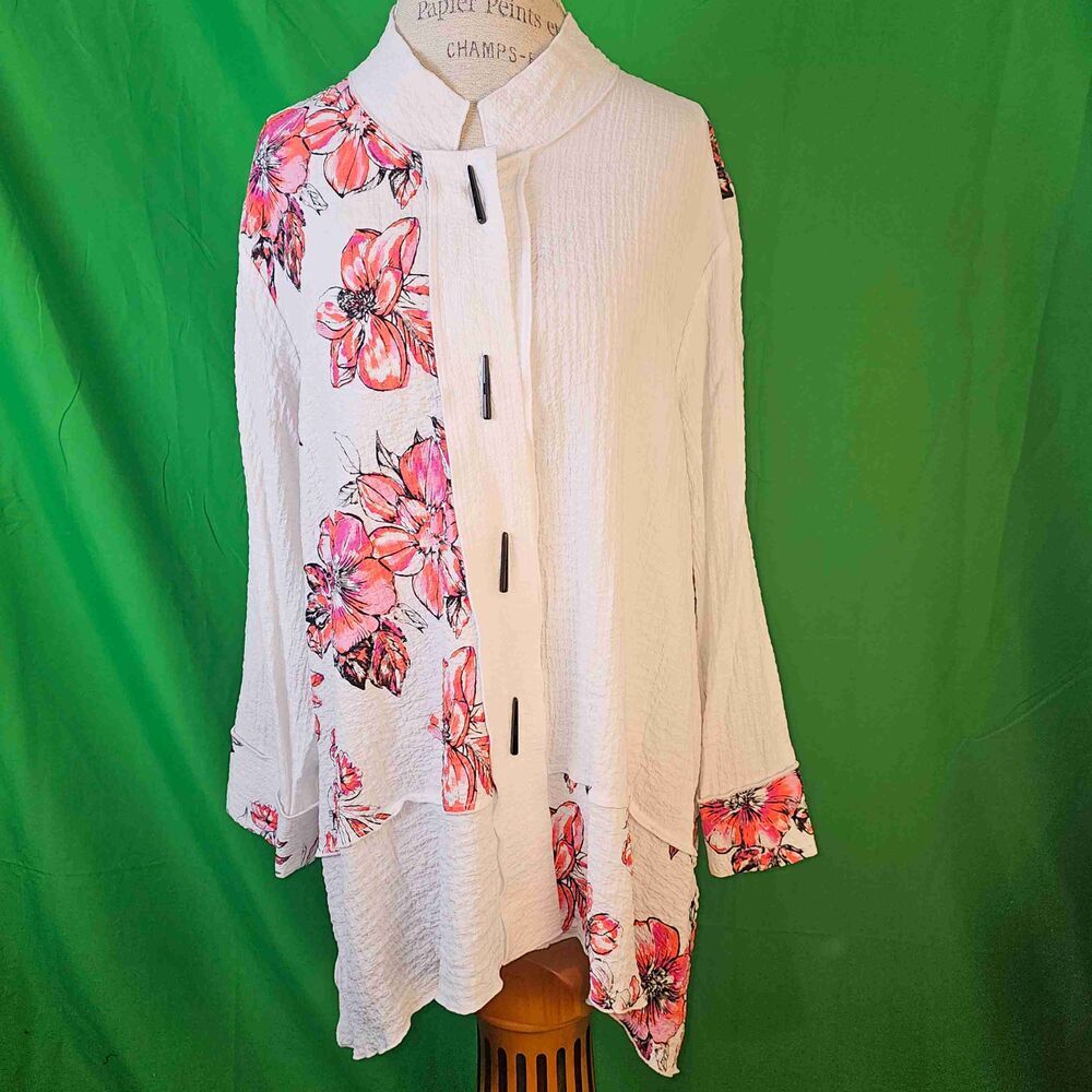 NEW Ali Miles Womens Floral Pattern Open Front Long‎ Sleeve Tunic Top Shirt 2X